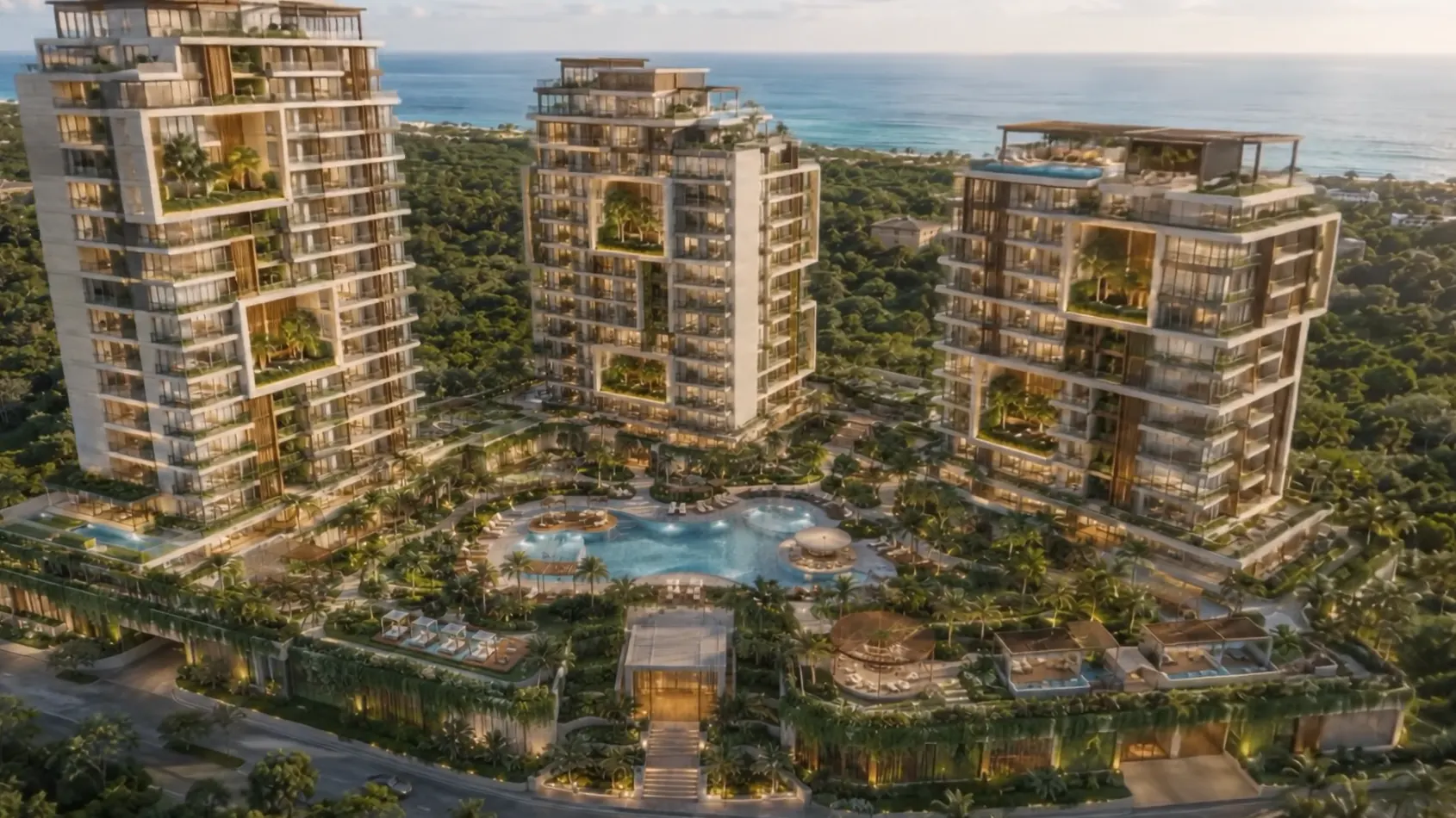Solaya Residences — three towers around the lagoon, aerial view