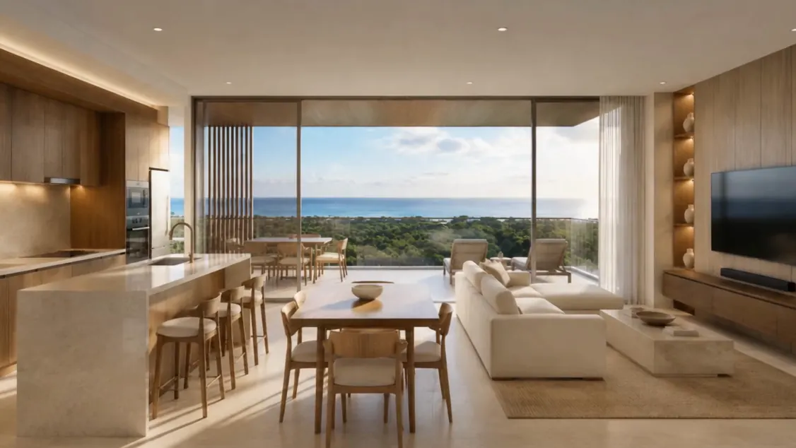 Living room and kitchen with ocean view
