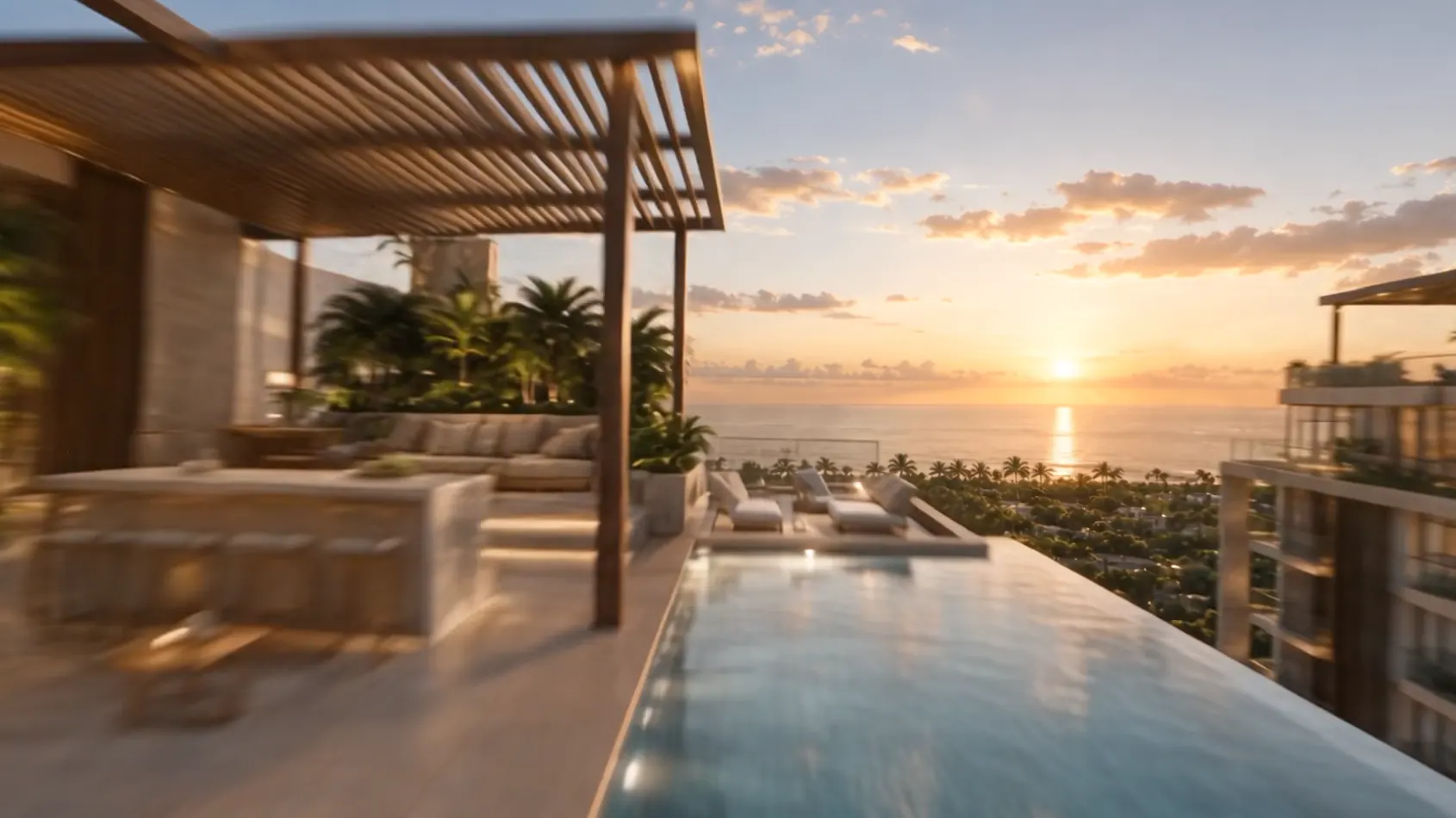 Terrace and infinity pool at golden hour